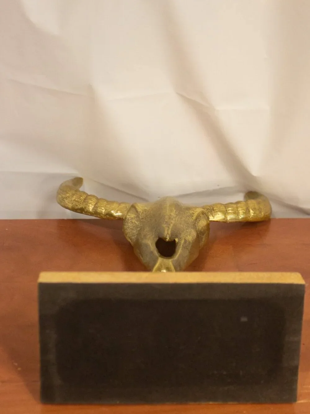 Gold Bull Skull Sculpture on Wood Base – Western Boho Décor – 14” Tabletop Metal